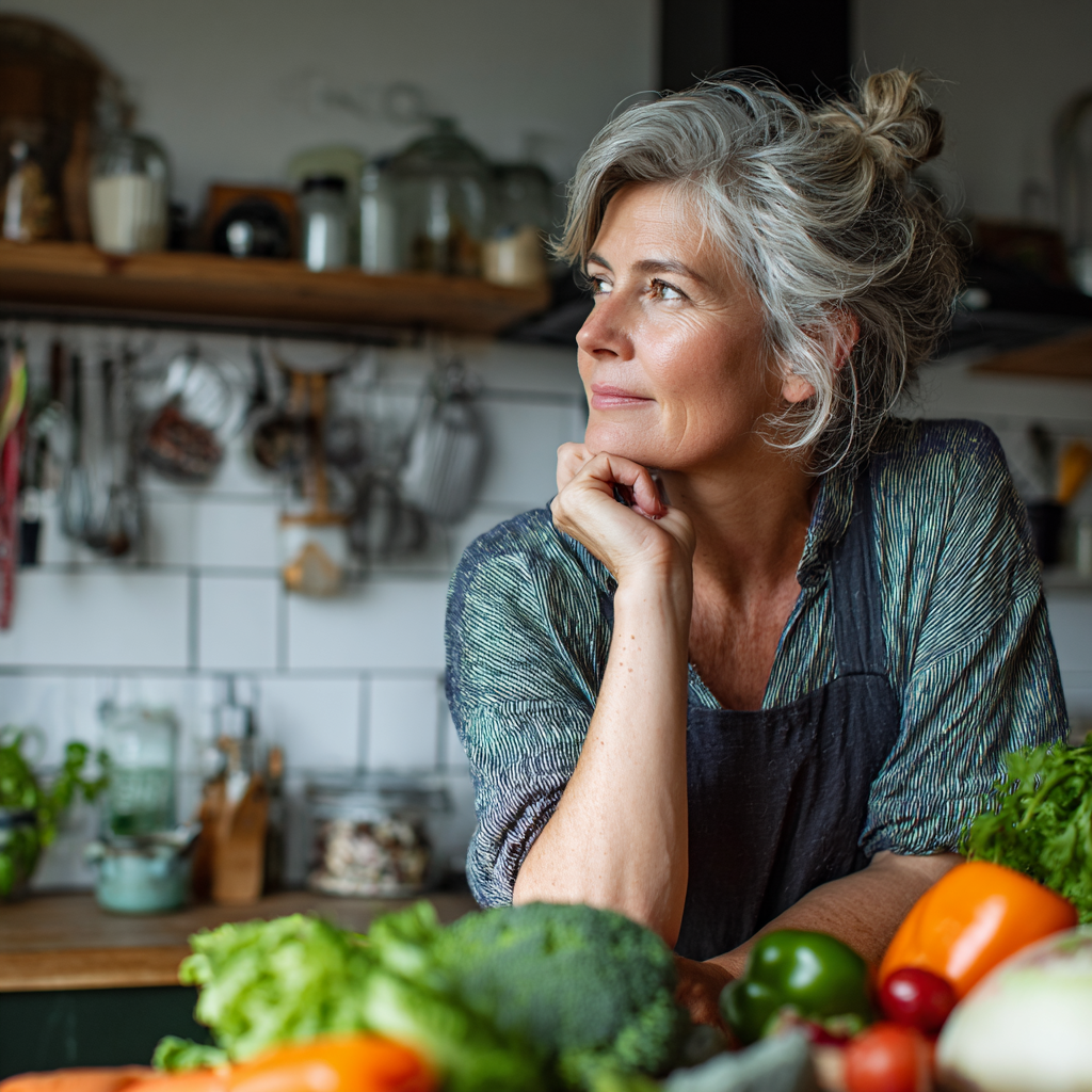 50 years old woman thoughtfully planning nutritious meals in bright kitchen