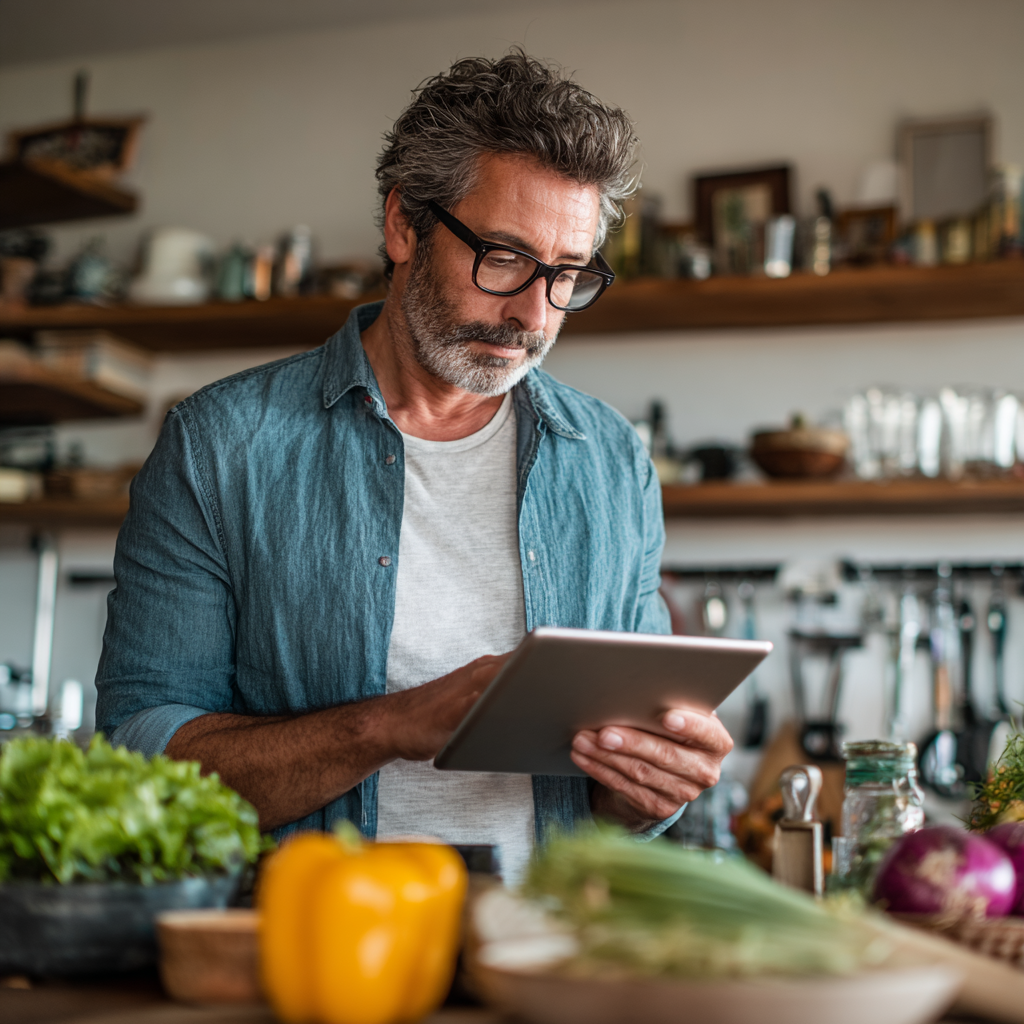 51 years old man reviewing personalized meal recommendations on tablet