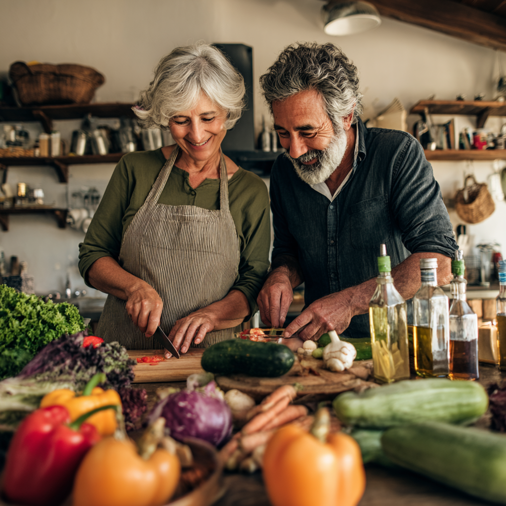 52 years old couple cooking together with fresh ingredients from their meal plan