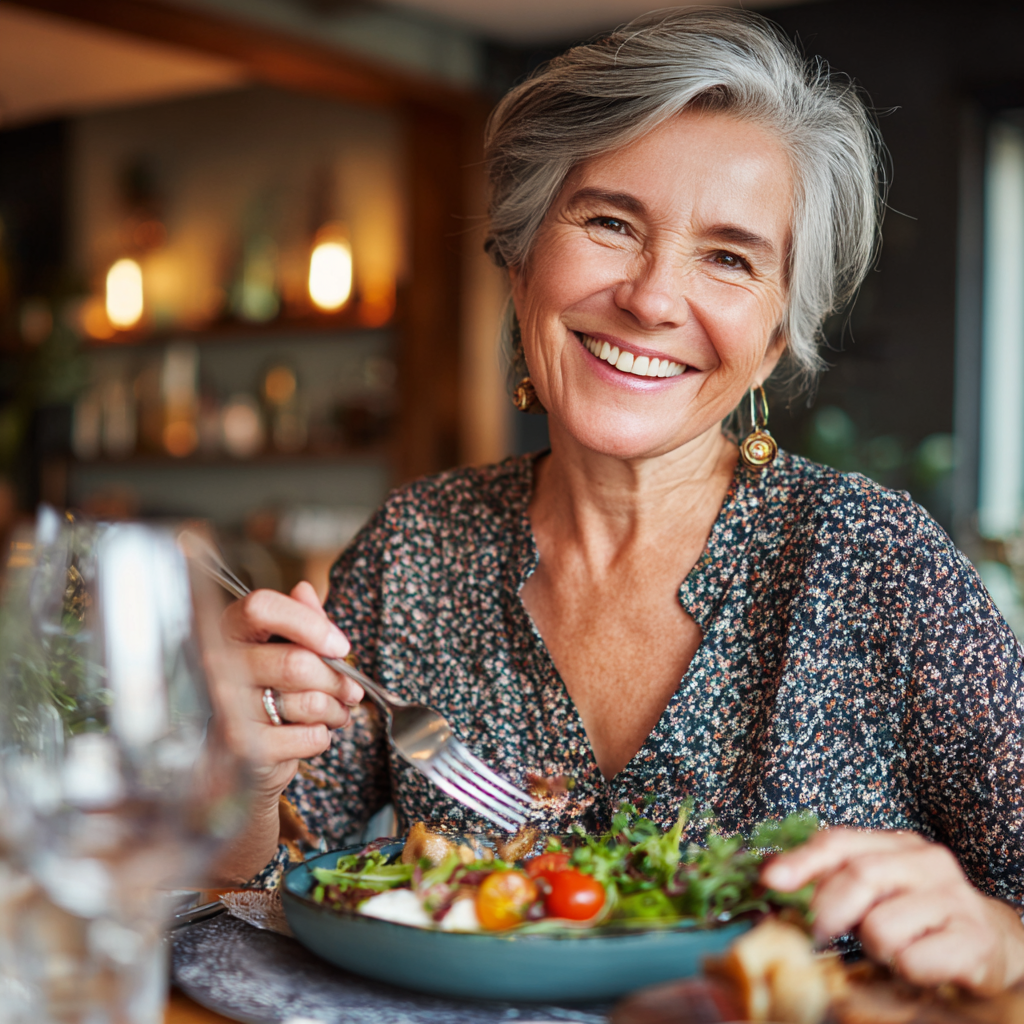 Happy 53 years old woman enjoying meal planned with durplomint
